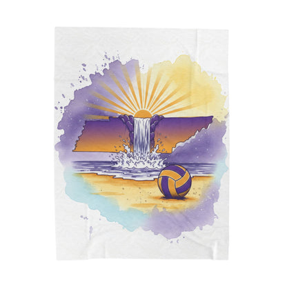 White Tennessee Sunset Beach Volleyball Velveteen Plush Blanket, Cookeville, TN, Waterfall Capital of the World, Beach Volleyball