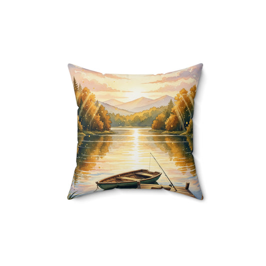 Golden Hour Angler's Dream: Watercolor Lake Sunset Pillow