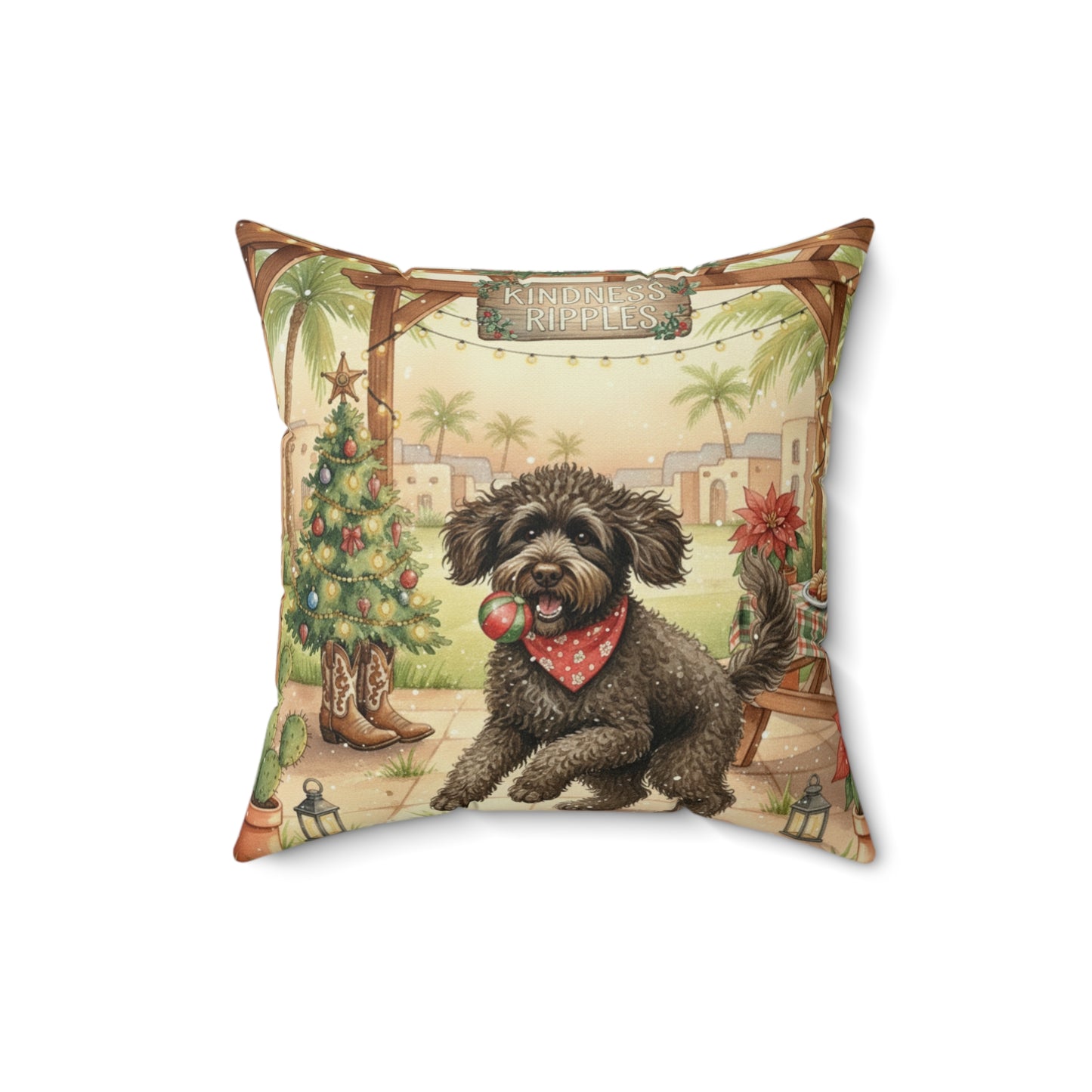 Square Pillow - Curly Haired Doodle Holiday Picnic Fun Design