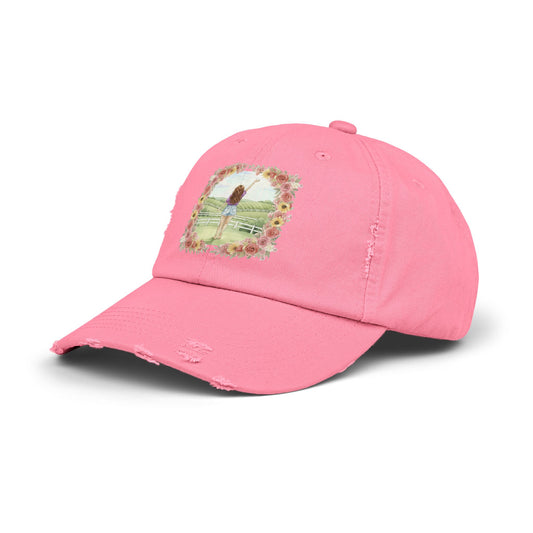 The Molly- Distressed Pink Cap | Rolling Kentucky Hills with Floral Artwork | Unisex Summer Hat