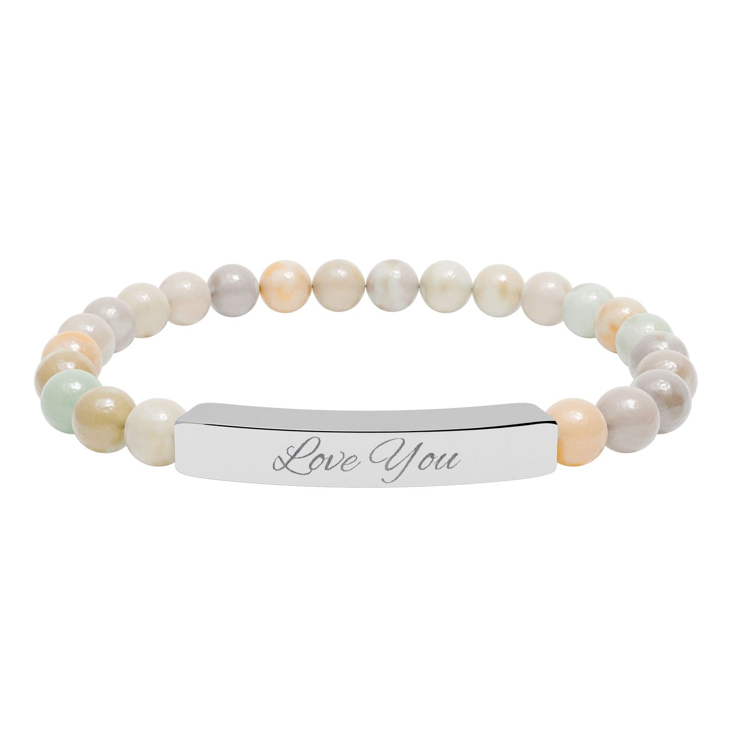 Engraved Natural Stone Bar Bracelet — "Love You" Stretch Beaded Bracelet
