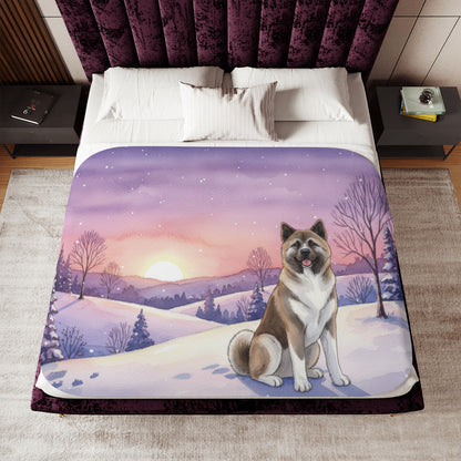 Akita Winter Sunset Sherpa Blanket — Cozy Reversible Throw for Dog Lovers