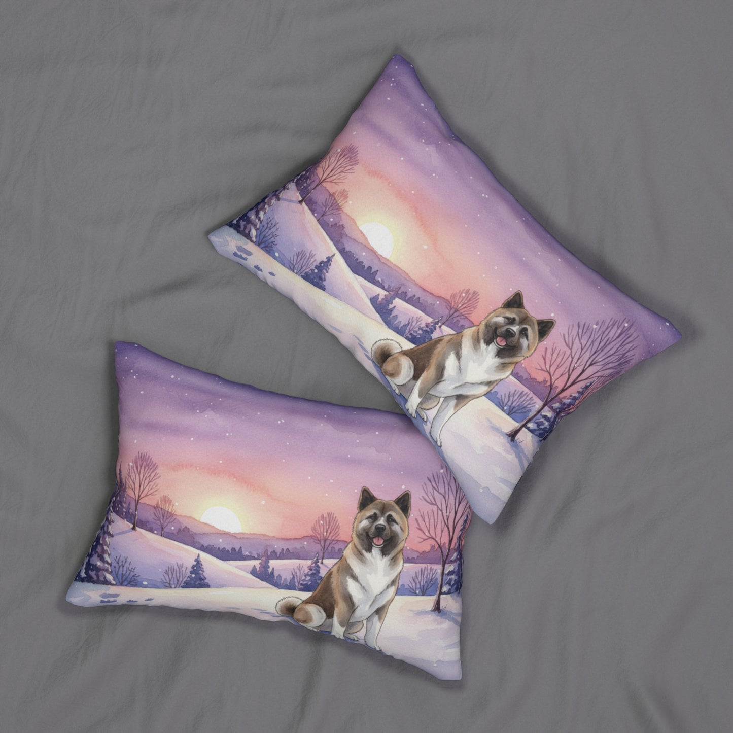 Akita Winter Sunset Lumbar Pillow — Dog Lover Decorative Throw Pillow