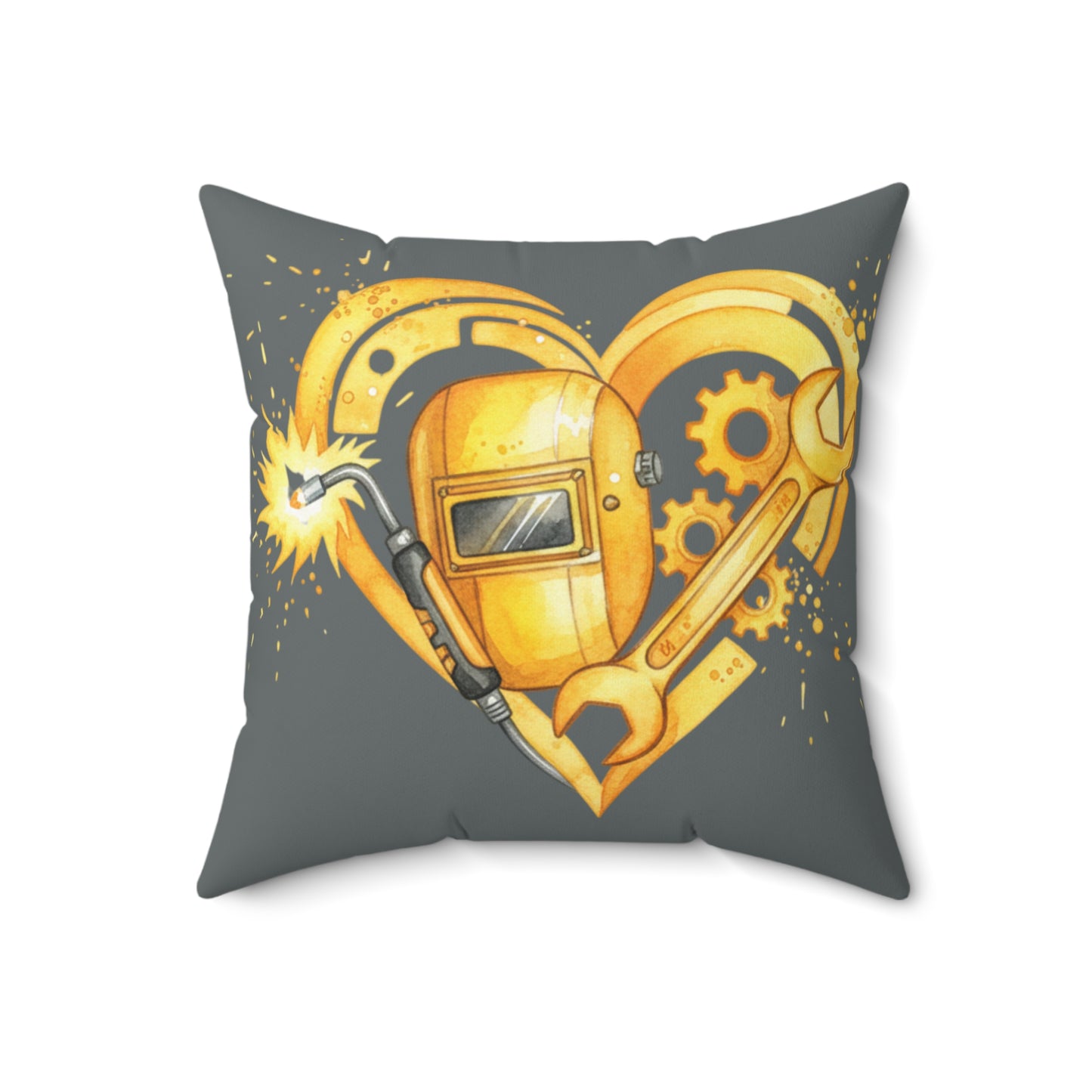 Golden Trades Heart: Welder's Love-Hands-On Heart Watercolor Design Square Pillow