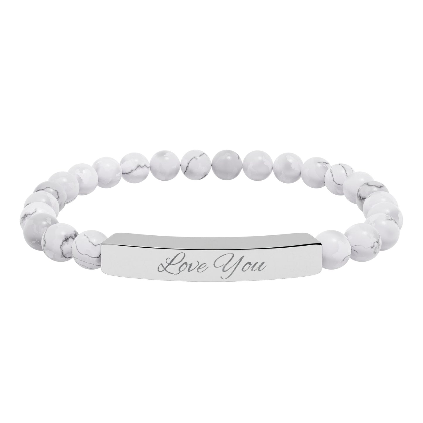 Engraved Natural Stone Bar Bracelet — "Love You" Stretch Beaded Bracelet