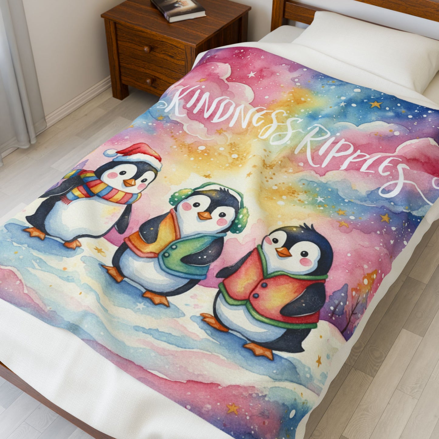 Cozy Penguin Velveteen Plush Blanket - 'Kindness Ripples'