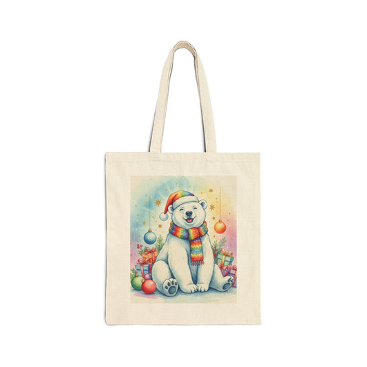 Festive Polar Bear Canvas Tote Bag - Eco-Friendly Holiday Shopping