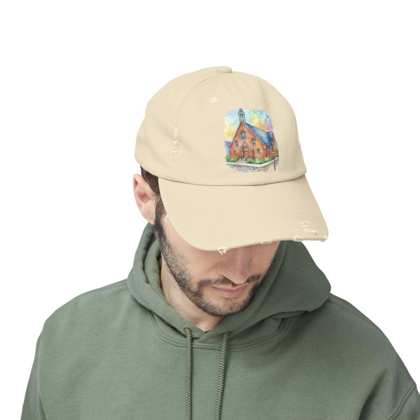 Distressed Cap with Watercolor Church Illustration -- Pays Homage to the Amazing St. William Community