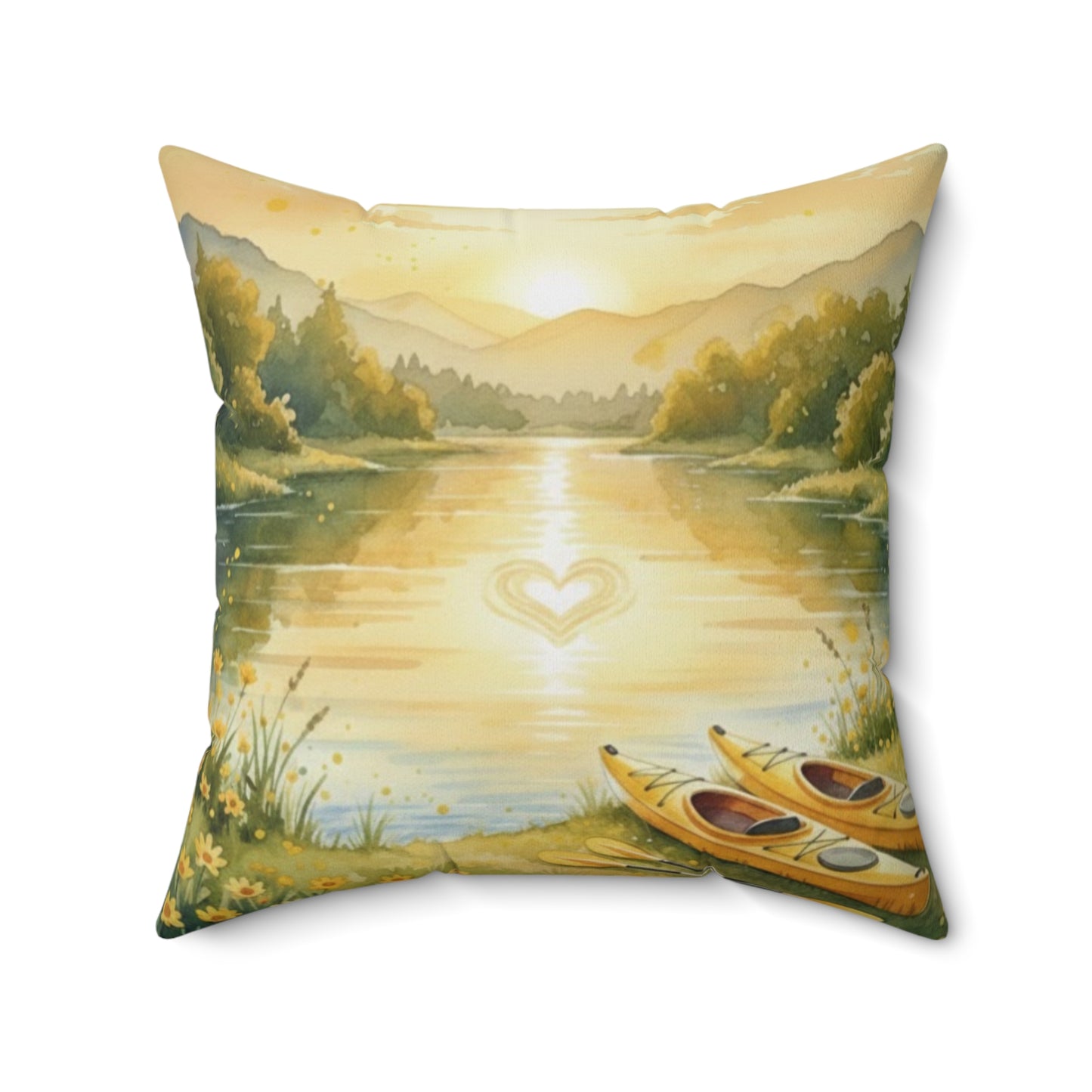 Golden Embrace Kayak Dream: Watercolor Lake Sunset Pillow