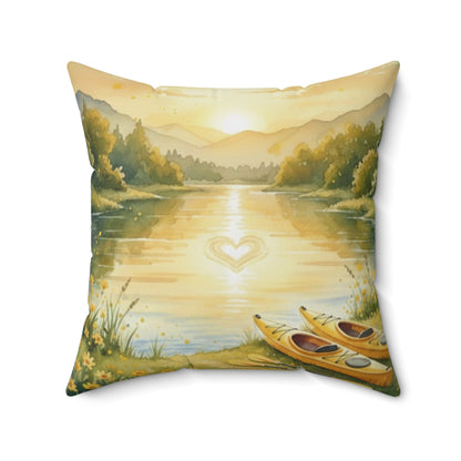 Golden Embrace Kayak Dream: Watercolor Lake Sunset Pillow