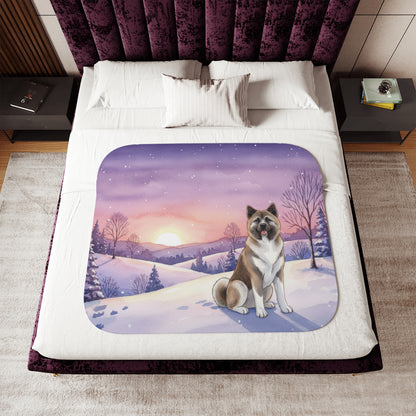Akita Winter Sunset Sherpa Blanket — Cozy Reversible Throw for Dog Lovers