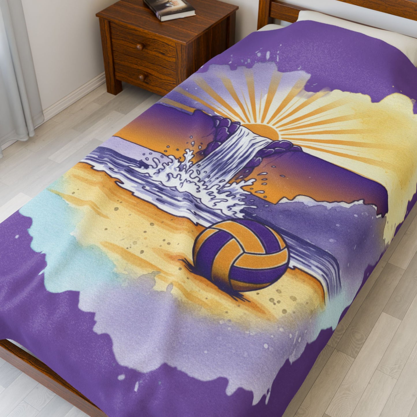 Tennessee Sunset Beach Volleyball Velveteen Plush Blanket, Cookeville, TN, Waterfall Capital of the World, Beach Volleyball
