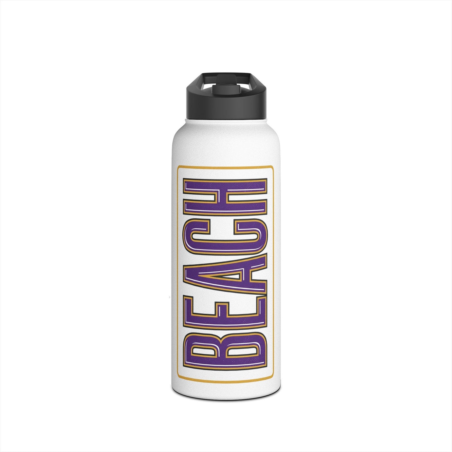 Beach Stainless Steel Water Bottle — Vertical Purple & Gold 'BEACH' Travel Bottle