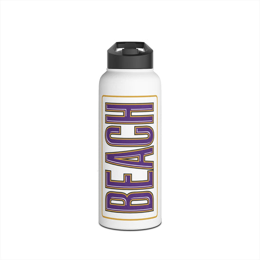 Beach Stainless Steel Water Bottle — Vertical Purple & Gold 'BEACH' Travel Bottle