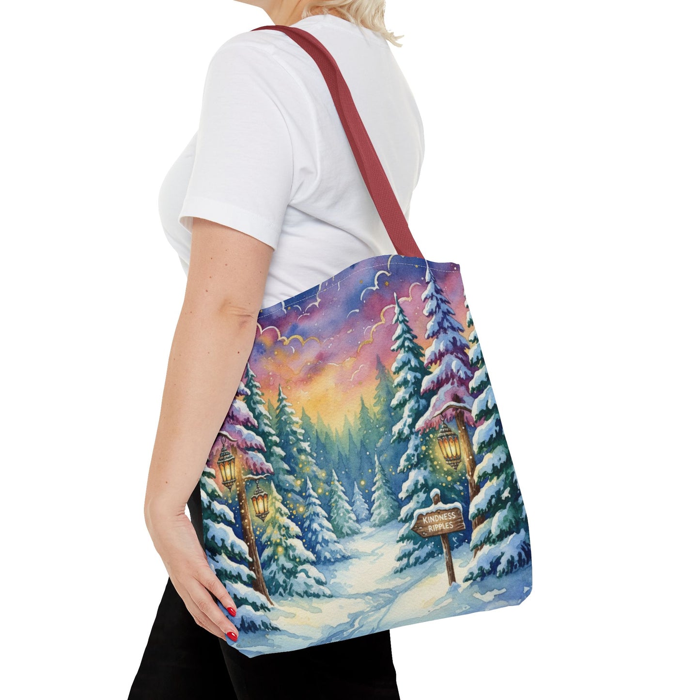 Enchanting Watercolor Winter Wonderland Tote Bag - Festive Holiday Gift & Everyday Carryall | 3 Sizes, Custom Handles