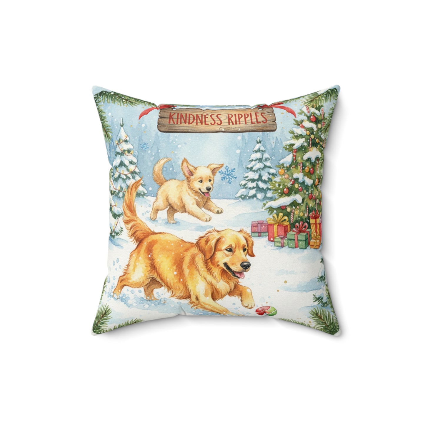 Friendly Golden Retrievers Dog Christmas Pillow – Holiday Tree & Gifts Decorative Throw Pillow