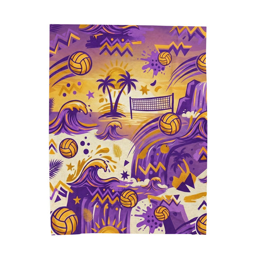 Beach Volleyball Velveteen Plush Blanket — Purple & Gold Coastal Wave Design