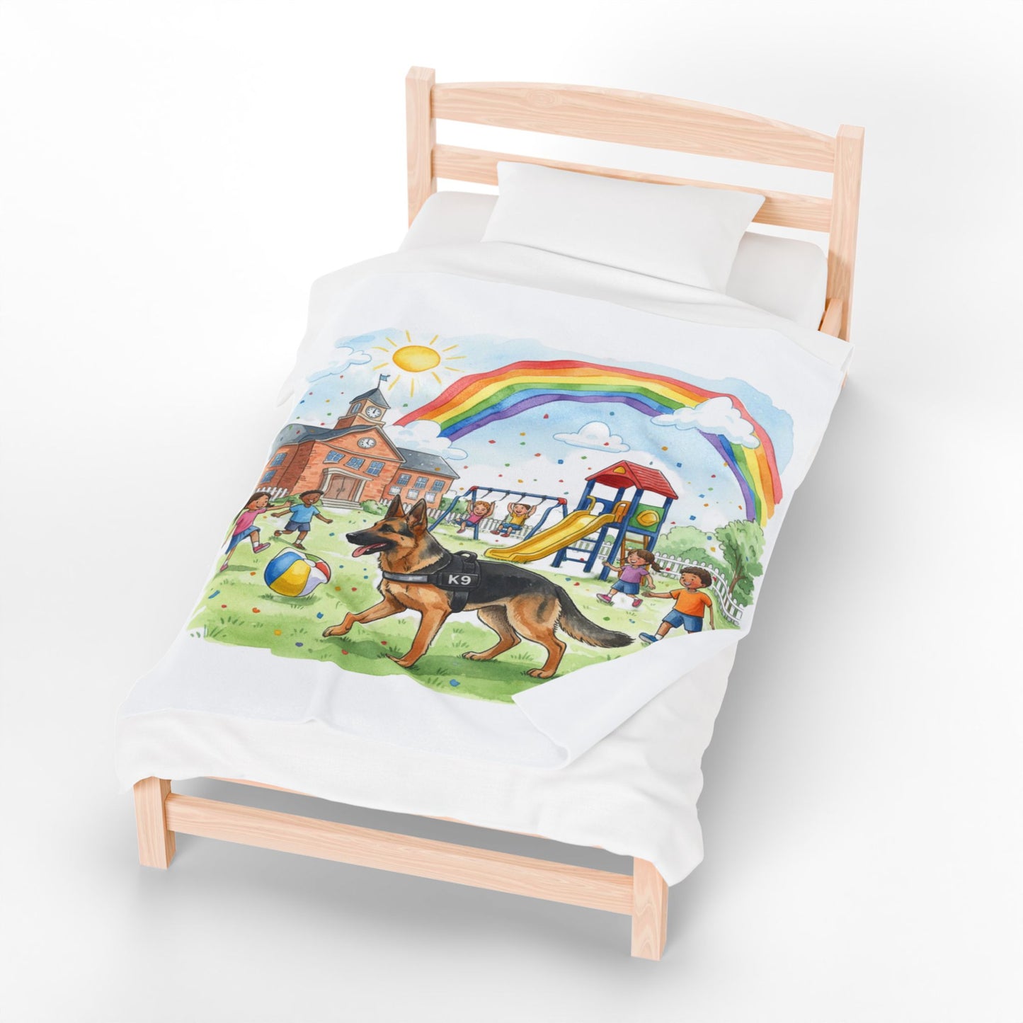 K-9 School Playground Velveteen Plush Blanket — Rainbow, Kids & Police Dog Throw