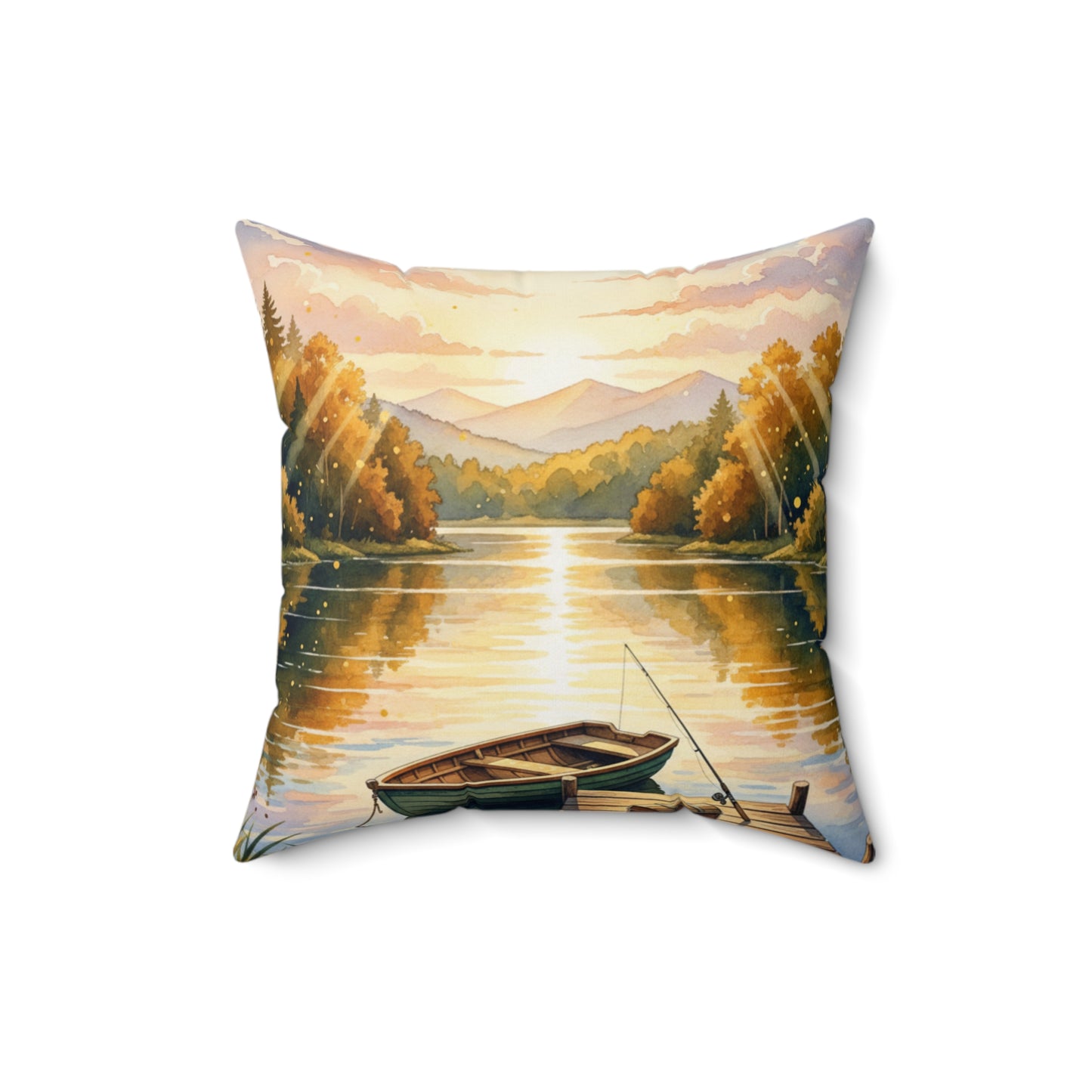 Golden Hour Angler's Dream: Watercolor Lake Sunset Pillow