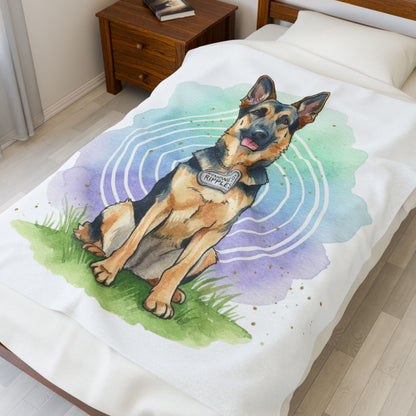 German Shepherd Velveteen Plush Blanket – Watercolor Service Dog Design -Kindness Ripples