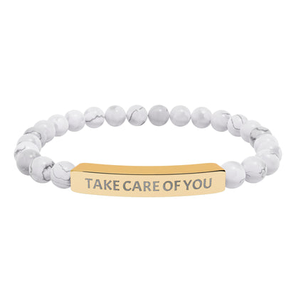 Take Care of You Natural Stone Stretch Bar Bracelet — Engraved Self-Care Jewelry