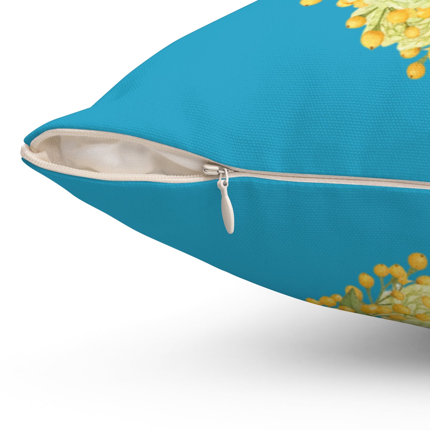 Sunflower Heart Throw Pillow — Yellow Floral Decorative Cushion on Teal Background