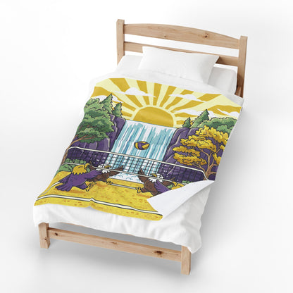 Beach Volleyball Waterfall Velveteen Plush Blanket — Birds Cookeville Beach Court Sunset Design