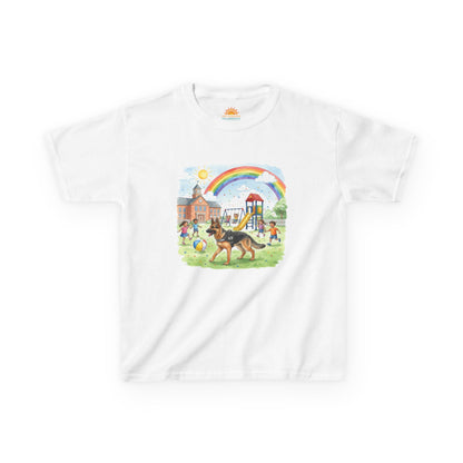 Kids T-Shirt — Playful Park Scene with Rainbow, Playground & Dog
