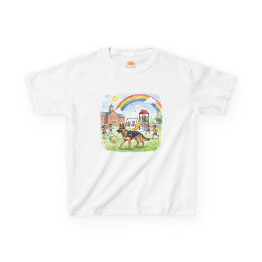 Kids T-Shirt — Playful Park Scene with Rainbow, Playground & Dog