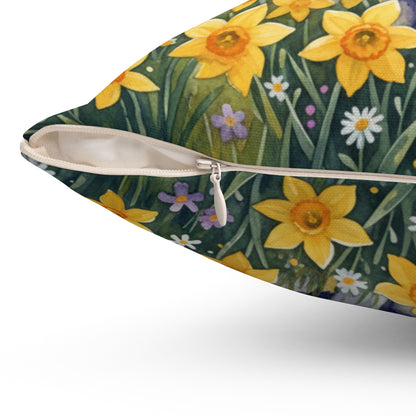 Daffodil Sunset Serenity: Watercolor White Bunny Pillow