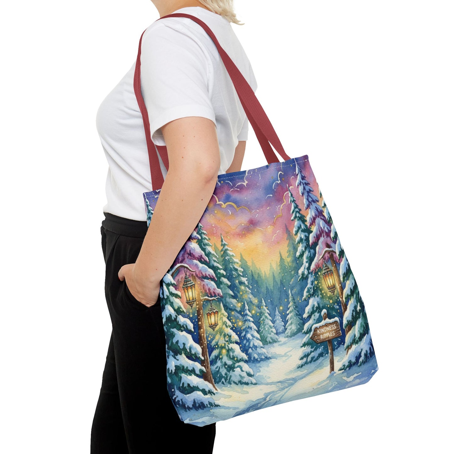 Enchanting Watercolor Winter Wonderland Tote Bag - Festive Holiday Gift & Everyday Carryall | 3 Sizes, Custom Handles