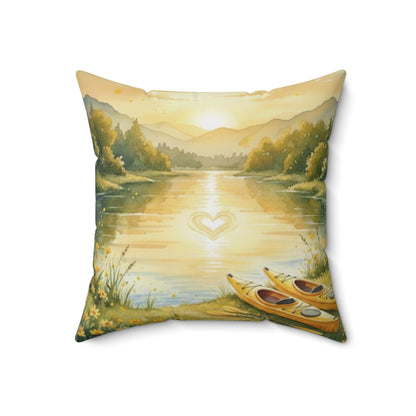 Golden Embrace Kayak Dream: Watercolor Lake Sunset Pillow