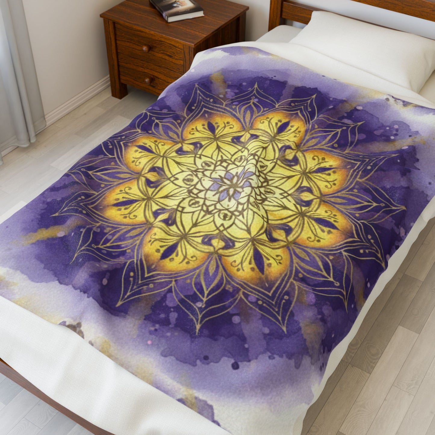Mandala Velveteen Plush Blanket - Cozy Decorative Throw for Relaxation and Gifts, Purple and Gold, Peaceful, Kindness, Calm