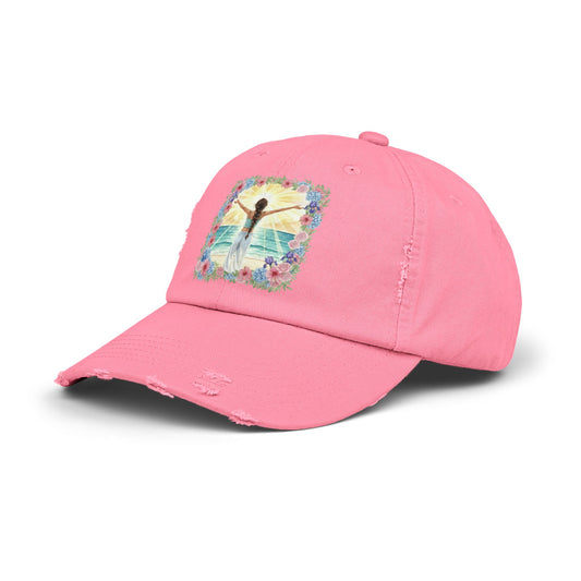 The Vivian - Distressed Pink Cap | Beach Vibes with Floral Artwork | Unisex Summer Hat