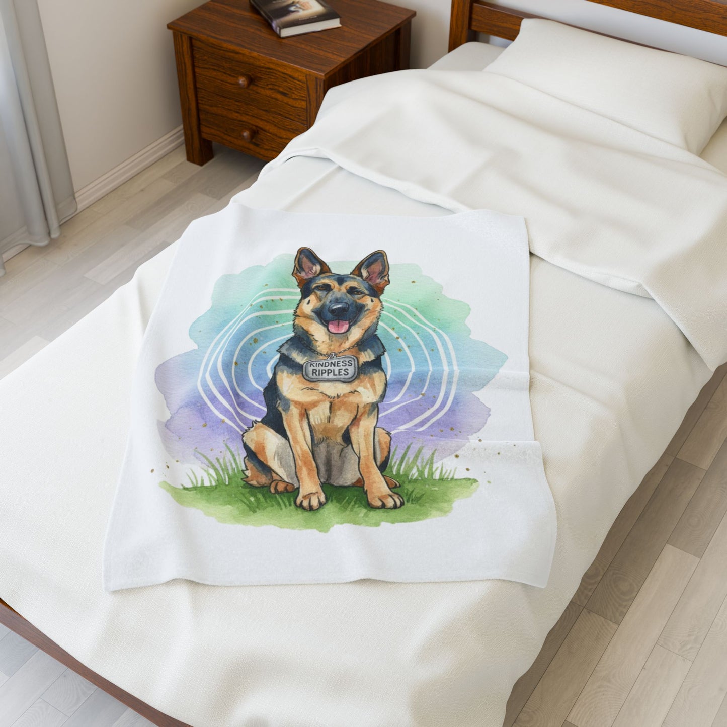 German Shepherd Velveteen Plush Blanket – Watercolor Service Dog Design -Kindness Ripples