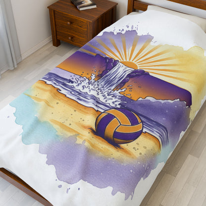White Tennessee Sunset Beach Volleyball Velveteen Plush Blanket, Cookeville, TN, Waterfall Capital of the World, Beach Volleyball