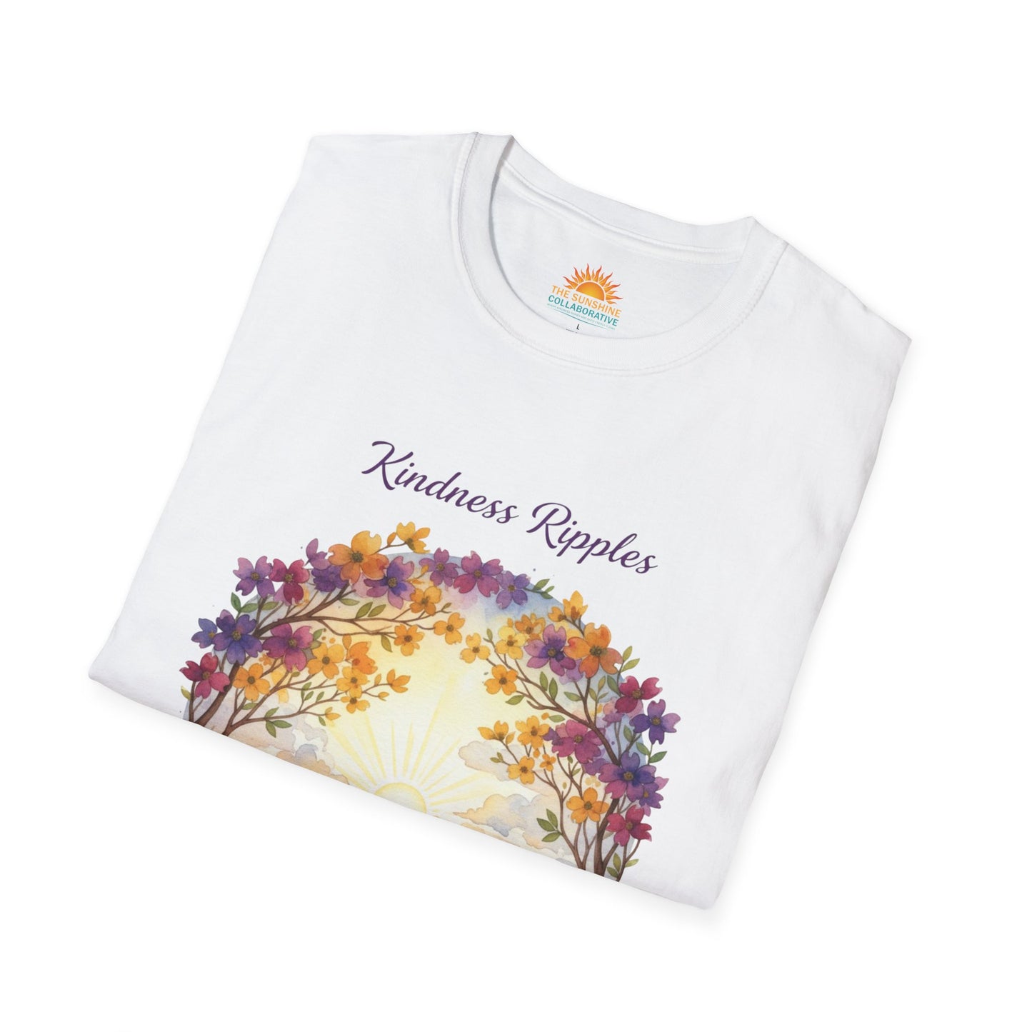 Unisex Softstyle Kindness Ripples Dogwoods and Sunshine T-Shirt, Cookeville, TN, Purple and Gold, Waterfall Capital of the World