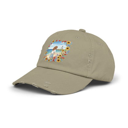 The Audrey - Retro Beach Vibe Distressed Cap with Sunflower Design
