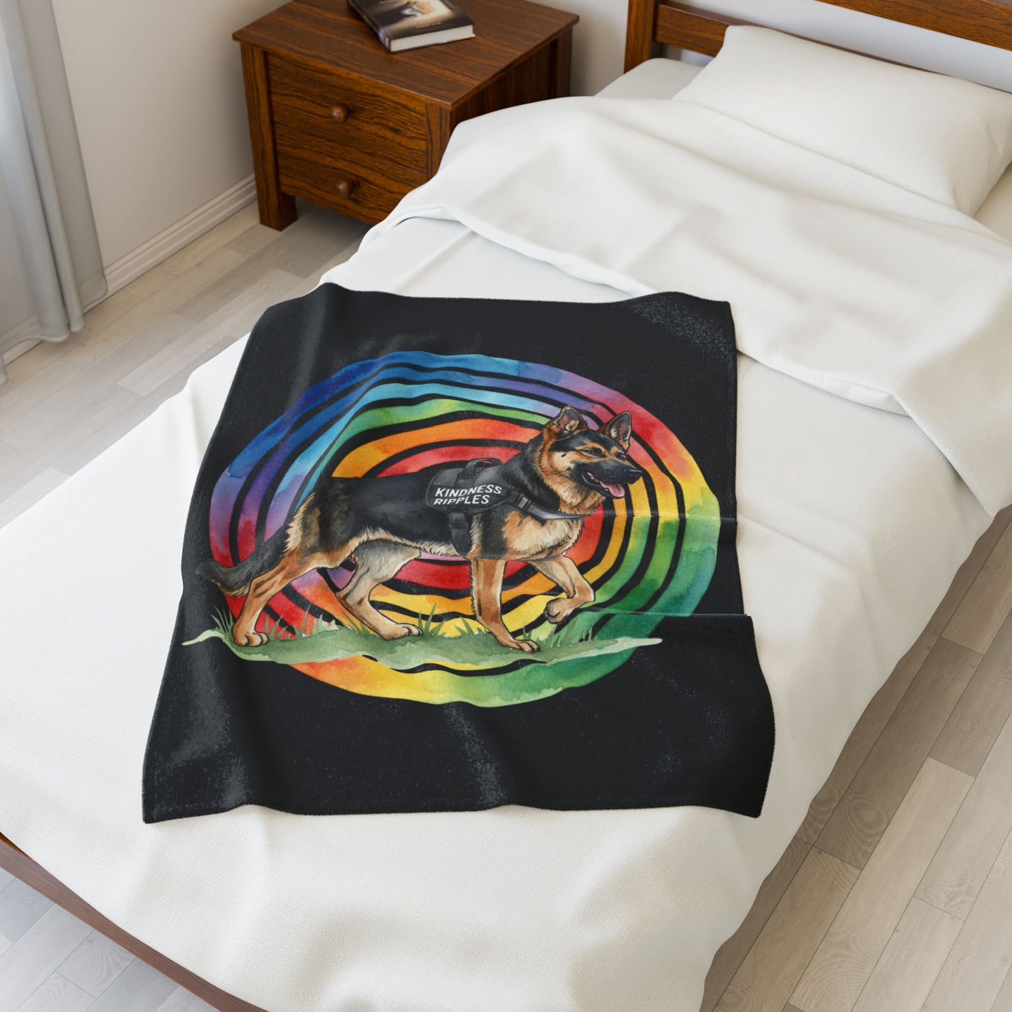 Velveteen Plush Blanket — German Shepherd "Kindness Ripples" Rainbow Throw
