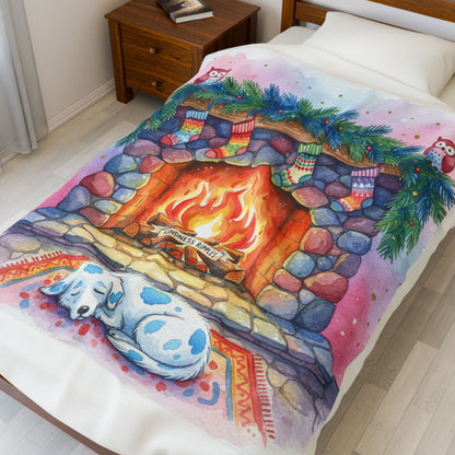 Cozy Holiday Velveteen Plush Blanket with Fireplace Design and Blue Spotted Puppy Dog