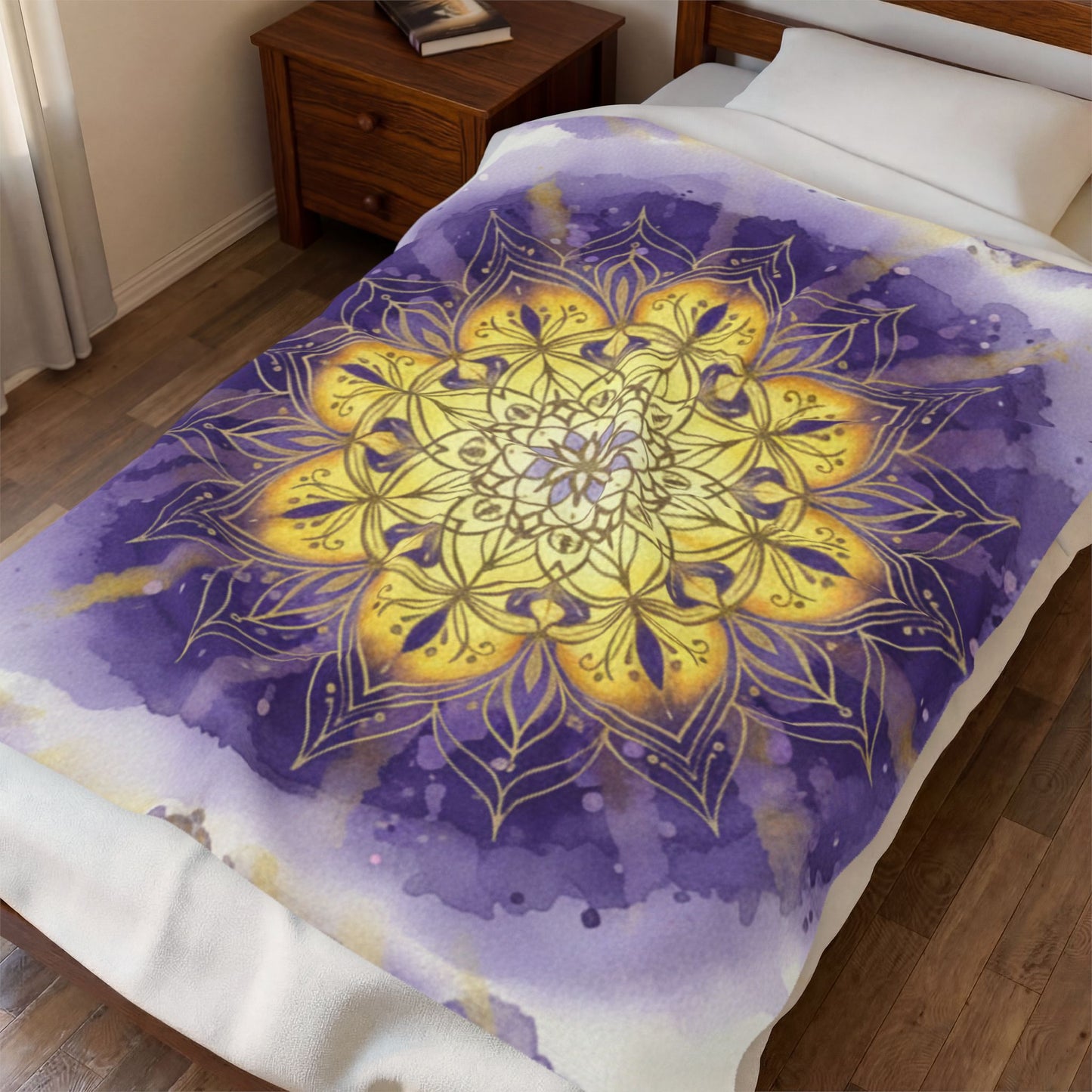 Mandala Velveteen Plush Blanket - Cozy Decorative Throw for Relaxation and Gifts, Purple and Gold, Peaceful, Kindness, Calm