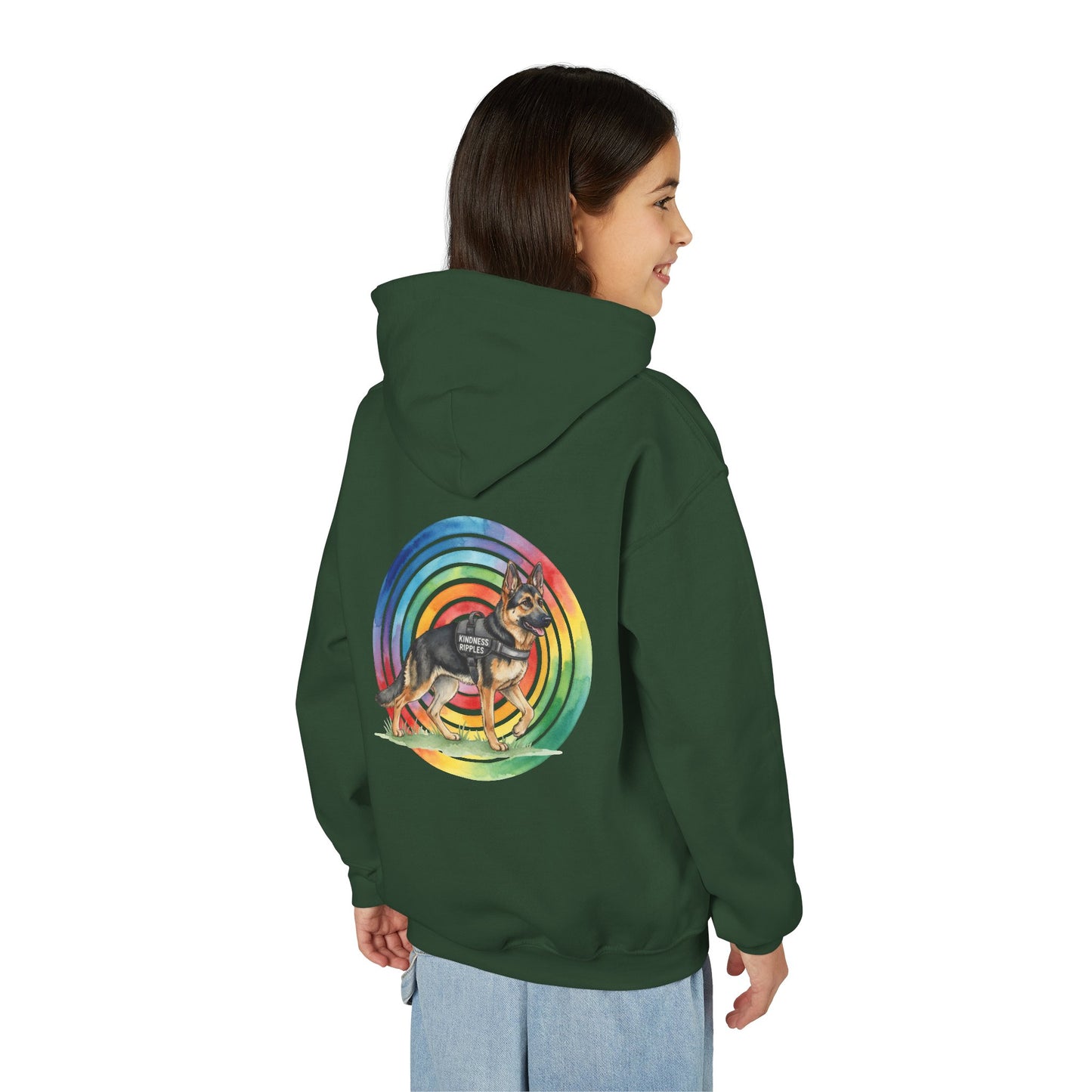 Youth Hoodie — Rainbow Paw & German Shepherd Graphic - Kindness Ripples