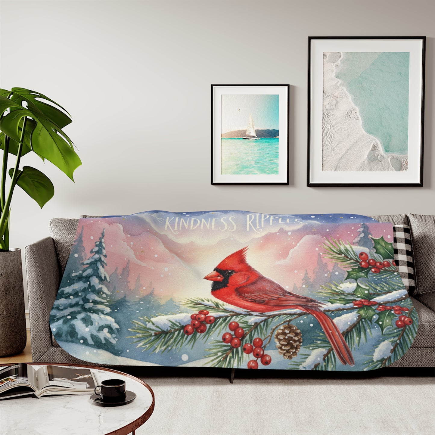 Cardinal Winter Sherpa Blanket — "Kindness Ripples" Cozy Throw