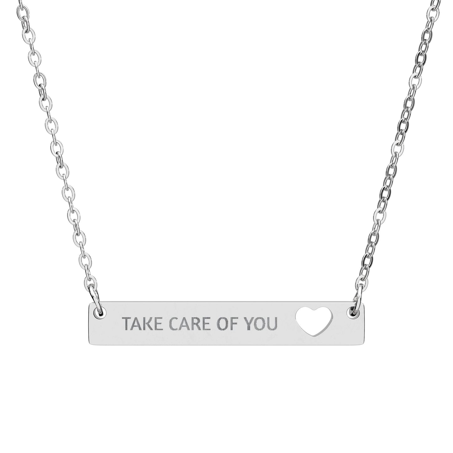 Cutout Heart Bar Necklace — "Take Care of You" Engraved