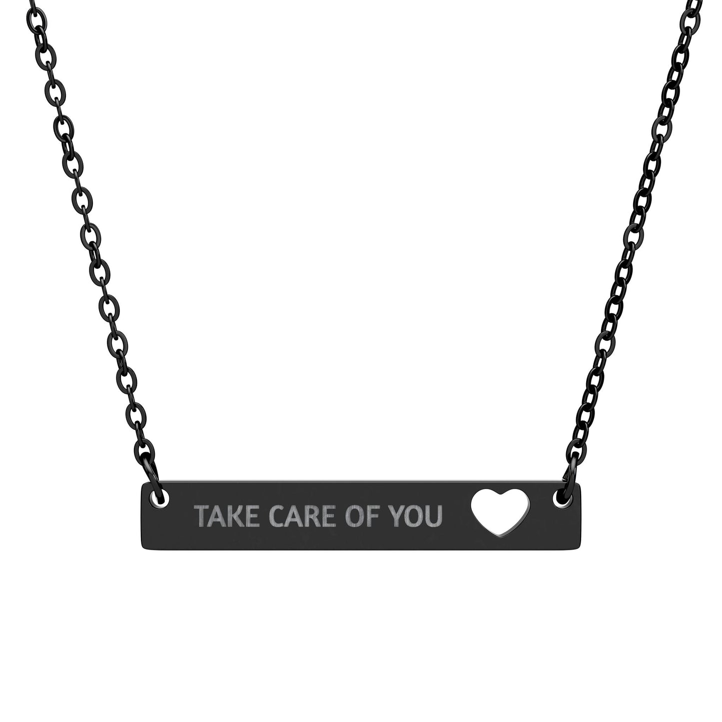 Cutout Heart Bar Necklace — "Take Care of You" Engraved