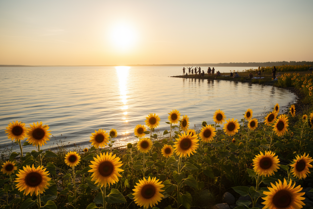 a beautiful sunshine filled scene that is peaceful with water in the scene that is rippling and maybe some people in the distance enjoying one another, sunflowers are good too